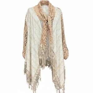 Multiples Lace Fringe Duster Cardigan Neutral Boho Open Front Size Medium